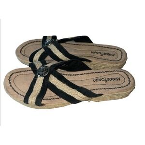 Minnetonka Women's Sandals Espadrilles Leather Fabric Upper Size 7 Black Tan